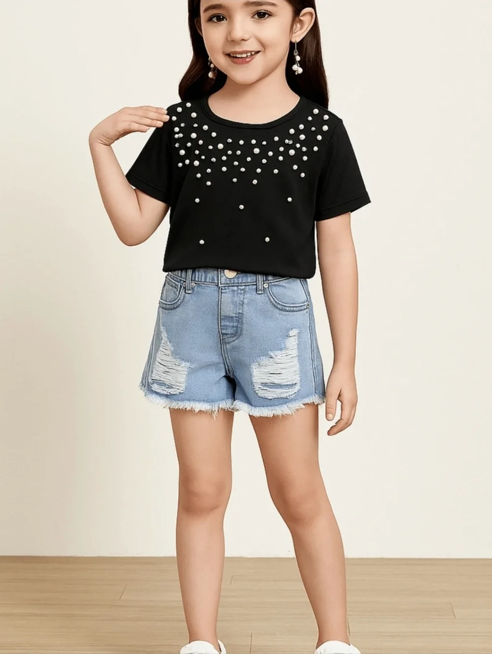 Kids Distressed Denim Shorts - Black, Light Blue, White - Picture 13 of 13